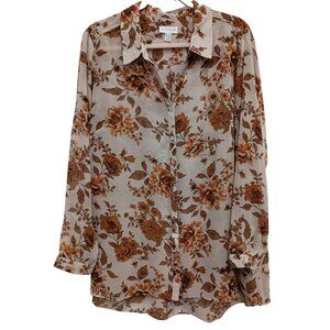 Susan Graver Womens Blouse Top Size 1X Floral Chiffon Cottagecore Button Up